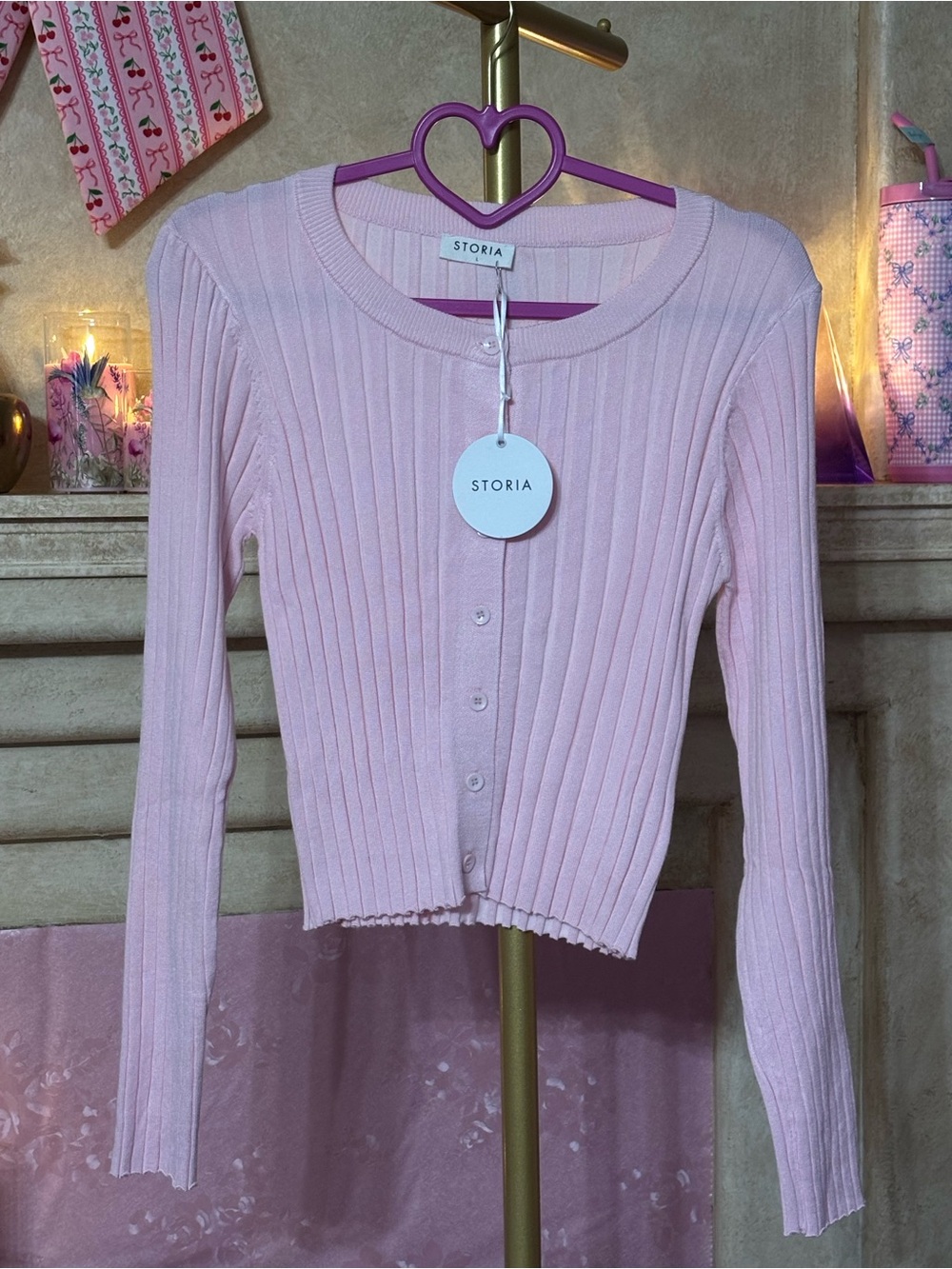 P-003 STORIA L Light Pink Ribbed Button-Front Crop Cardigan